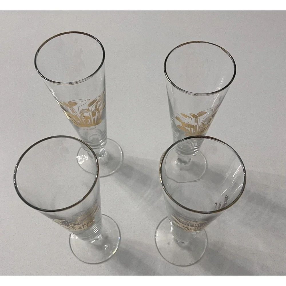 Vintage Clear Glass Champagne Glasses with Gold‎ Golf Clubs by F-O-R-T Set Of 4